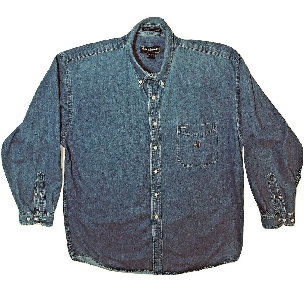 XLT Mens Siegfried Button Down Collar Denim Blue Shirt Long Sleeve Pocket EUC